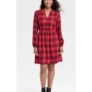 Knox Rose Women S Long Sleeve Fall Dress Red Riviera Plaid Slight Balloon Sleeve